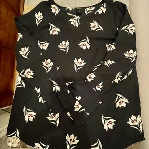 Anne Taylor Navy Blue Floral dress shirt with float bell sleeves.